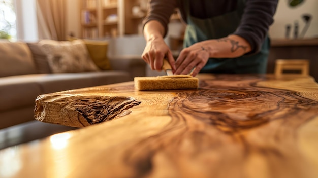 Photo closeup of a person39s hands applying a coat of oil to a live edge wooden table with a sponge brush