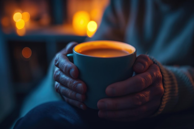 Closeup of a person39s hands cradling a steaming cup of tea enjoying the cozy warmth of a fireplace in a dimly lit room