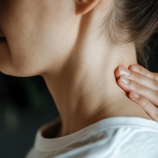 Photo closeup of a person39s neck with slight tension dull muscular pain discomfort