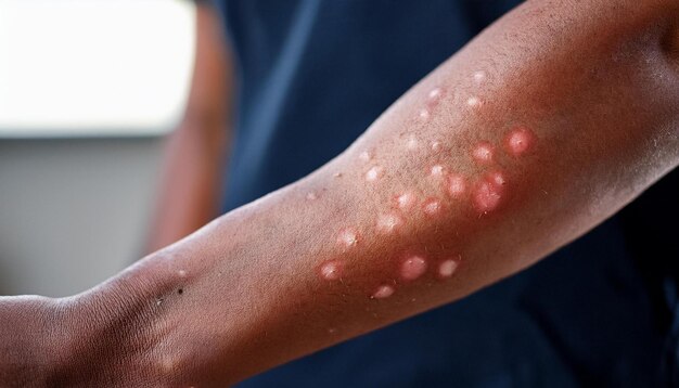 Photo a closeup of a persons arm showing the characteristic rash of monkeypox with raised red lesions