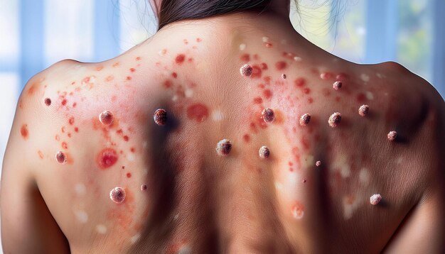 Photo a closeup of a persons back showing the monkeypox lesions