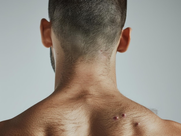 A closeup of a persons back with visible skin imperfections pimples on the skin of the face