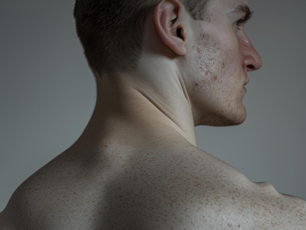 A closeup of a persons back with visible skin imperfections pimples on the skin of the face