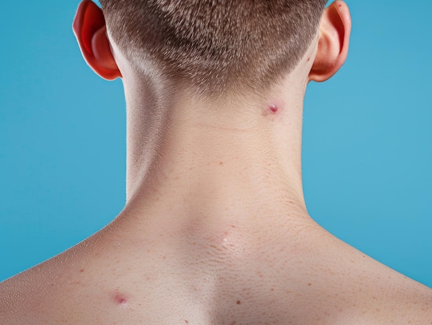 A closeup of a persons back with visible skin imperfections pimples on the skin of the face