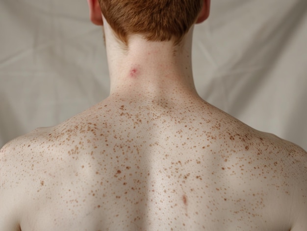 A closeup of a persons back with visible skin imperfections pimples on the skin of the face