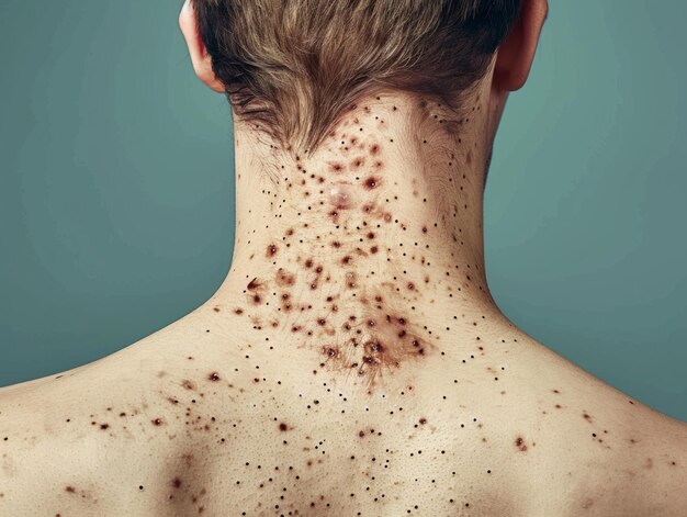 Photo a closeup of a persons back with visible skin imperfections pimples on the skin of the face