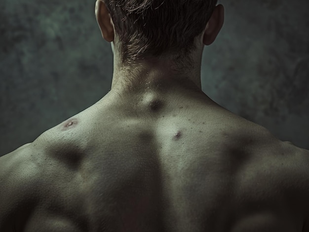 A closeup of a persons back with visible skin imperfections pimples on the skin of the face