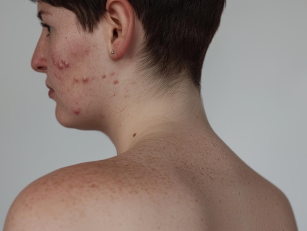 A closeup of a persons back with visible skin imperfections pimples on the skin of the face