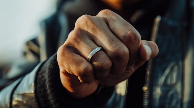 Closeup of persons clasped hands with silver ring on one finger