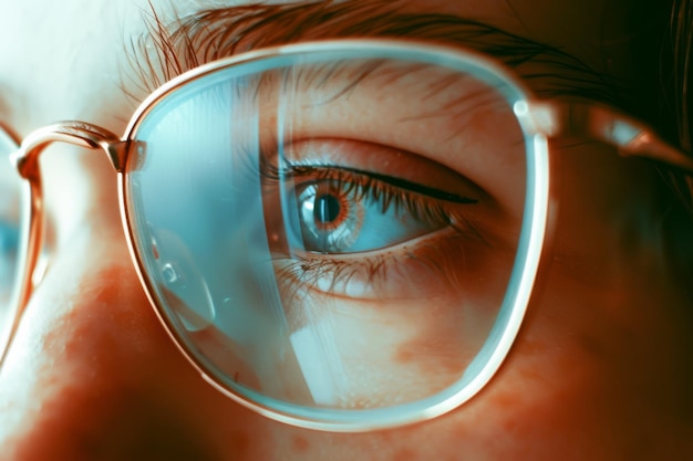 Photo closeup of a persons eye reflected in stylish eyeglasses capturing a moment of introspection and the significance of vision in our everyday lives