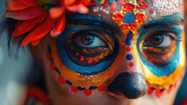 A closeup of a persons eye with colorful Day of the Dead makeup adorned with floral decorations