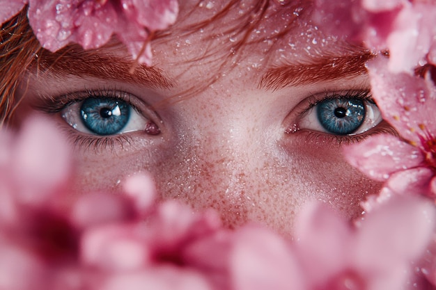 Closeup of a persons eyes surrounded by pink feathers