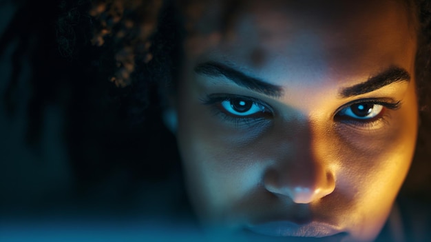 Closeup of a persons face illuminated by a vibrant neon light depicting a focused and intense expression