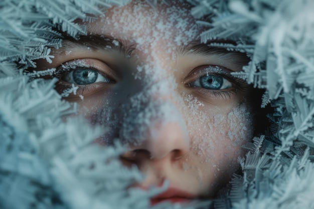 Photo a closeup of a persons face surrounded by frost in a wintry landscape during the cold season