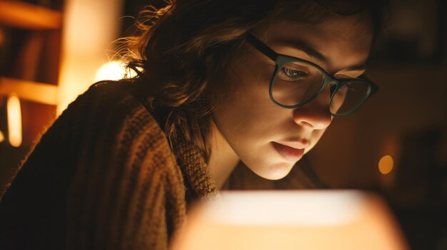 Closeup of a persons face with glasses lit by a soft warm glow conveying deep thought or focus