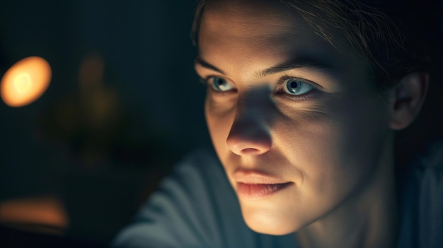 Closeup of a persons face with a thoughtful expression lit by warm ambient light