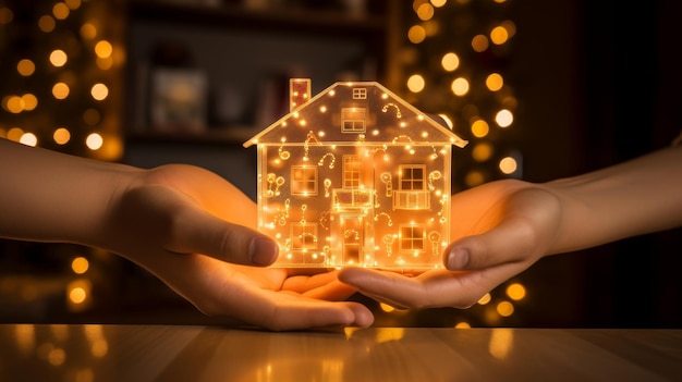 Closeup of a persons hand delicately touching a brightly glowing toy house in a dark environment