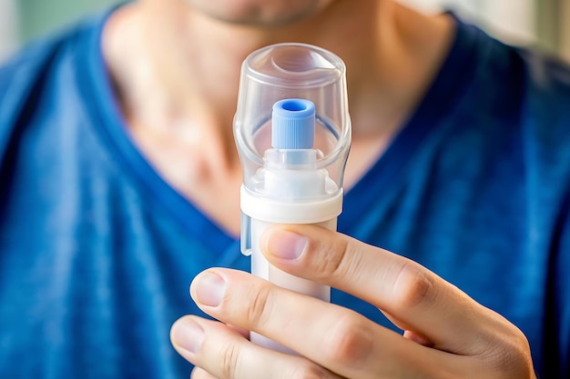 A closeup of a persons hand holding a breathing spacer for asthma treatment