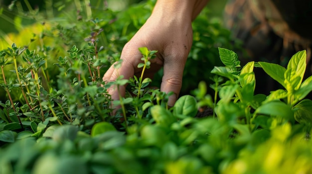 Closeup of a persons hand picking fresh oregano from a garden