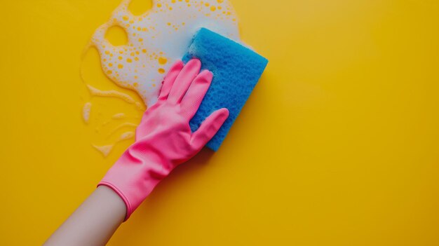 Closeup persons hand in pink rubber gloves holding sponge