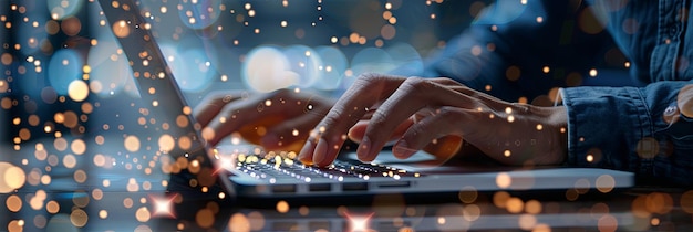 Closeup of a persons hand typing on a laptop focusing on futuristic social media marketing