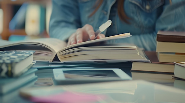 Photo closeup of a persons hands holding a pen and flipping through the pages of a book with a pile of books and a tablet on the table