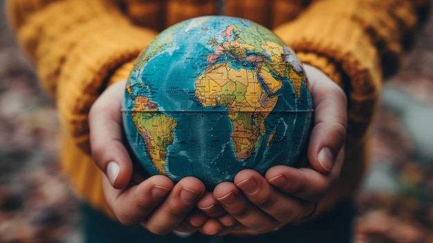 Closeup of a persons hands holding a small globe symbolizing global responsibility and environmental awareness