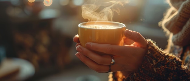 A closeup of a persons hands holding a steaming cup of coffee