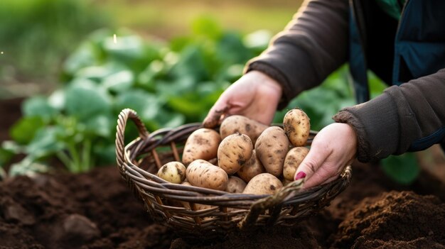 Closeup of a persons hands placing freshly harvested potatoes into a wicker basket in a field with rich soil and green plants in the background