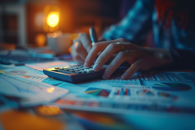 A closeup of a persons hands using a financial calculator to analyze investment returns Hand hovers over calculator on table fingers ready to input data