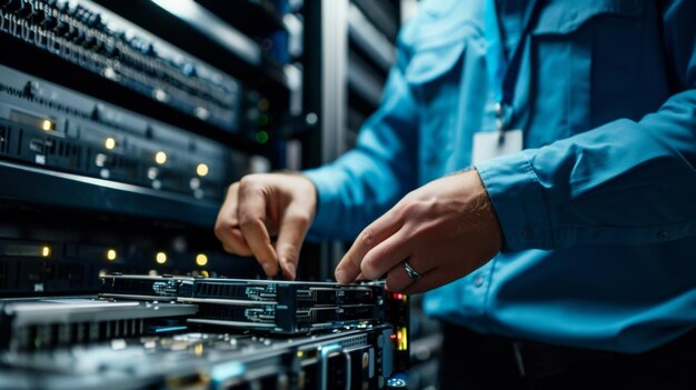 Photo closeup of a persons hands working on a server or network equipment in a data center with blue lighting