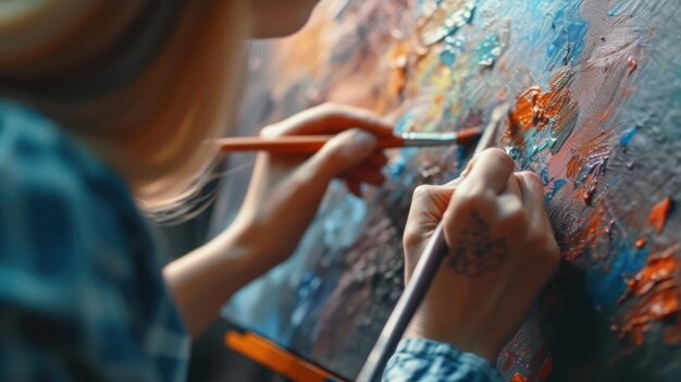 Photo closeup perspective of a female illustrator passionately creating a new artwork utilizing various hues and a brush