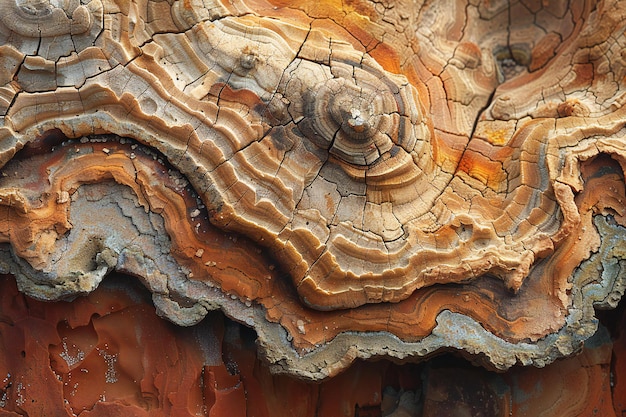 Closeup of petrified wood with intricate patterns on red sandstone surface full depth of field