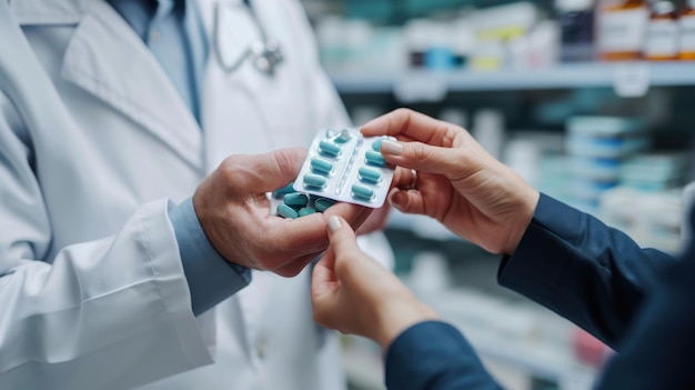 Closeup of a pharmacists hand giving a blister pack of pills to a person in a pharmacy setting with shelves of medical supplies in the background