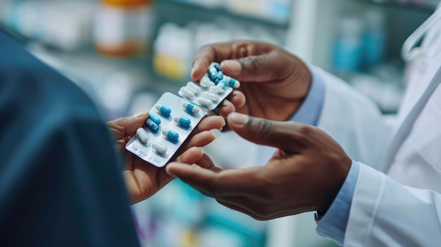 Closeup of a pharmacists hand giving a blister pack of pills to a person in a pharmacy setting with shelves of medical supplies in the background