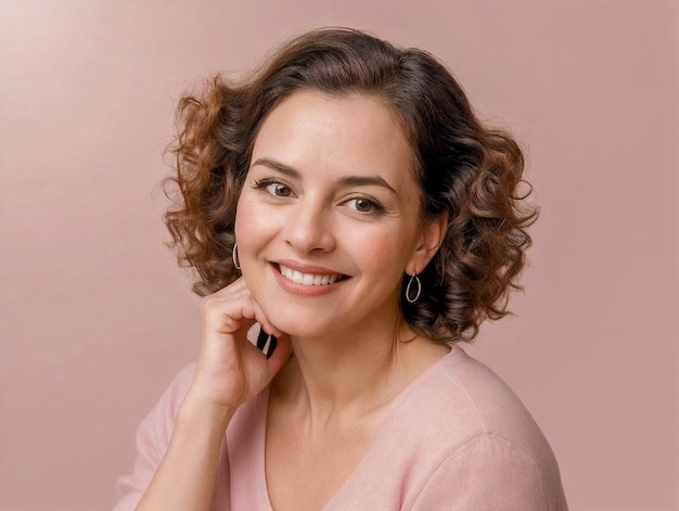 Closeup photo of a 55yr old happy and smiling british women ringlets wearing Vneck top