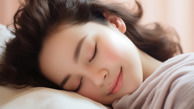 Closeup photo of beautiful asian woman lying down sleeping