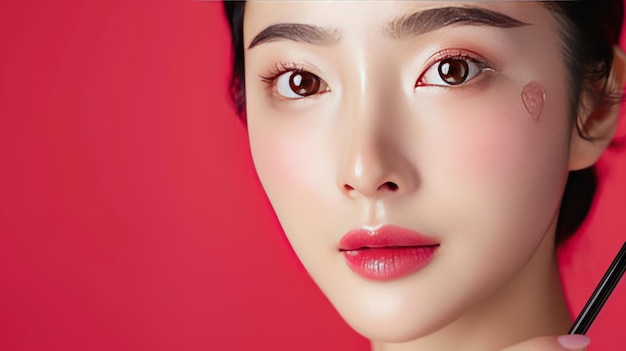 closeup photo of beautiful face of Asian woman testing facial cosmetics AI generated