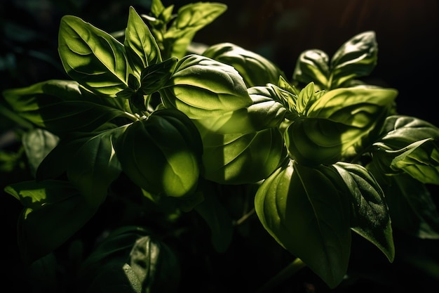 Closeup photo of a bunch of fresh basil leaves still attached to stem on a wooden cutting board