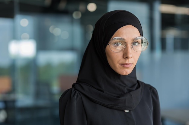 Closeup photo of business woman in black hijab muslim woman working at work inside modern office