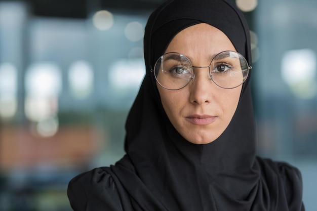 Closeup photo of business woman in black hijab muslim woman working at work inside modern office