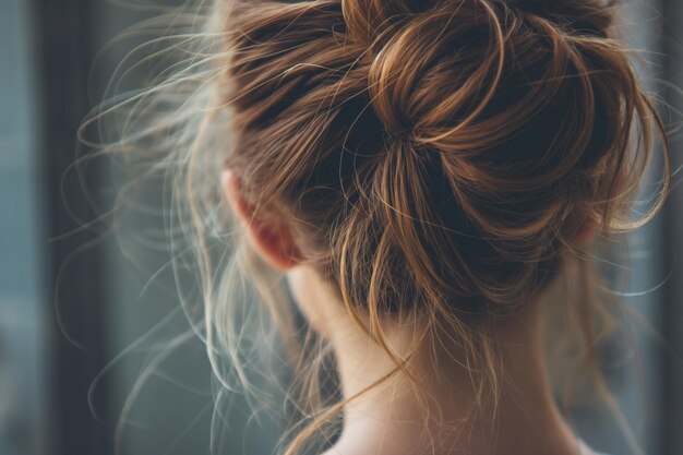 Closeup photo capturing the intricate details of a womans stylish messy bun hairdo