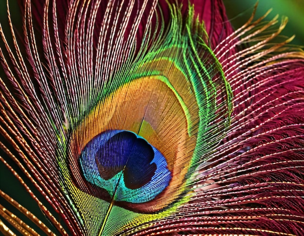 Closeup photo capturing the vibrant beauty of a red peacocks feather display