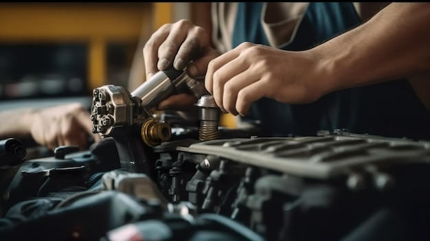 Closeup photo of a car mechanic working on a car engine in a mechanics repair service garage A uniformed mechanic is working on a car service Work in the garage repair and maintenance services