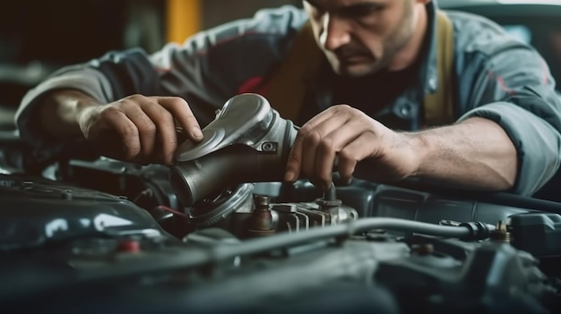 Closeup photo of a car mechanic working on a car engine in a mechanics repair service garage A uniformed mechanic is working on a car service Work in the garage repair and maintenance services