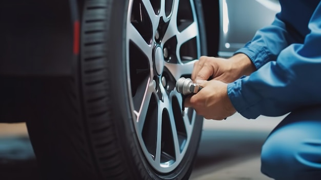 Closeup photo of a car mechanic working on a car engine in a mechanics repair service garage A uniformed mechanic is working on a car service Work in the garage repair and maintenance services