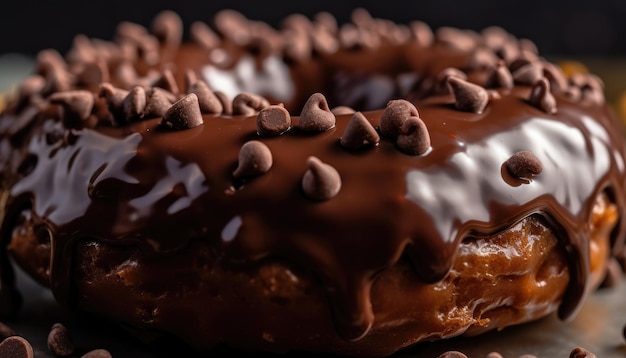 A closeup photo of the chocolate coating on the donut Generative AI