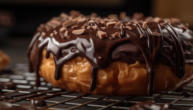 A closeup photo of the chocolate coating on the donut Generative AI