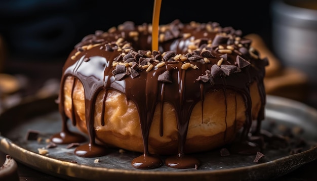 A closeup photo of the chocolate coating on the donut Generative AI