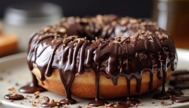 A closeup photo of the chocolate coating on the donut Generative AI